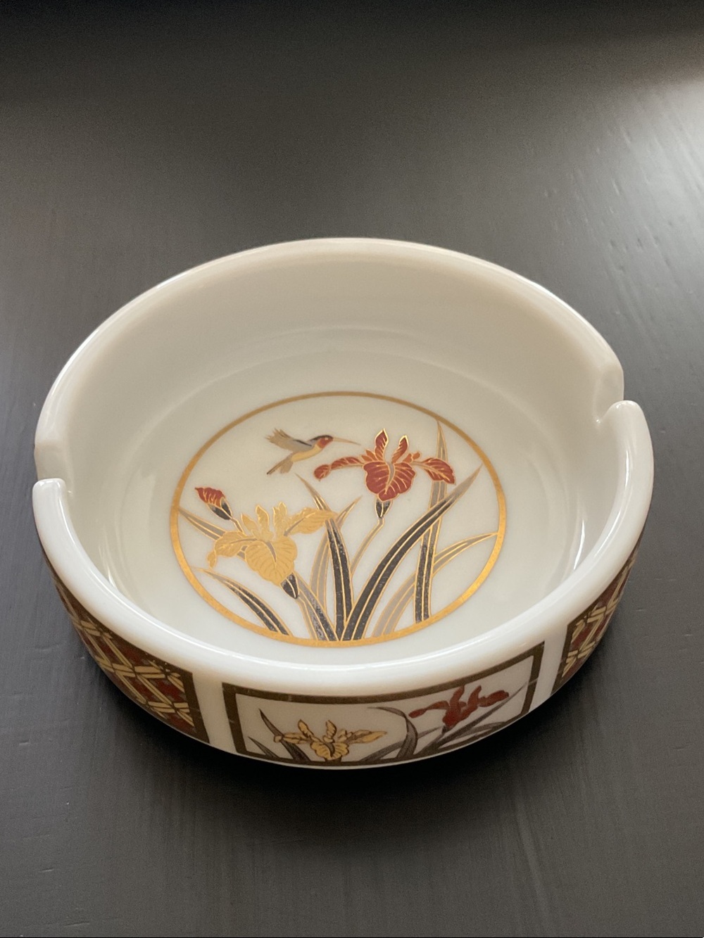 Vintage Japanese Floral Porcelain Ashtray with Gold Trim